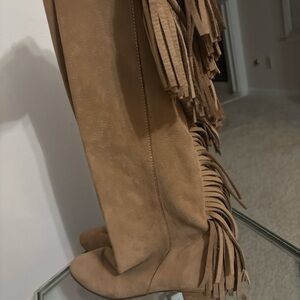 Zara Tan Over the Knee Fringe Boots